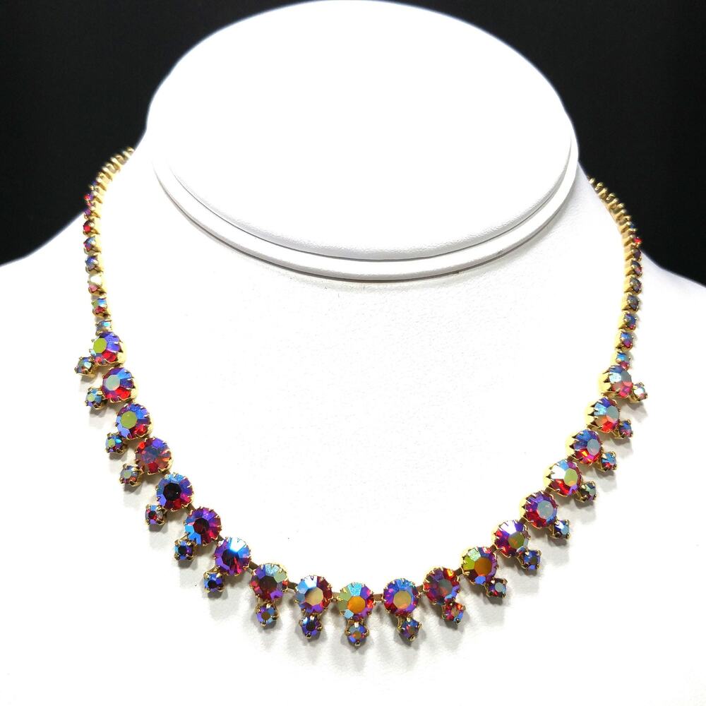Red Rhinestone Aurora Borealis Choker Necklace, Gold Plated, 1960s Vintage